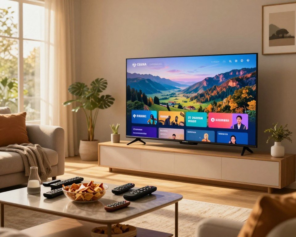 A cozy living room setting featuring a modern flat-screen TV displaying vibrant, high-definition streaming content of a scenic landscape. In the foreground, a stylish coffee table cluttered with remote controls and snacks invites a relaxing vibe. The middle ground showcases comfortable seating with plush cushions, and a soft blanket draped over the sofa. Sunlight streams in through large windows, casting warm golden rays across the room, creating an inviting atmosphere. A subtle blur in the background reveals tasteful decor, like houseplants and art pieces, enhancing the cozy ambiance. The image conveys a sense of quality and excitement associated with streaming entertainment, emphasizing clear visuals and a premium viewing experience.