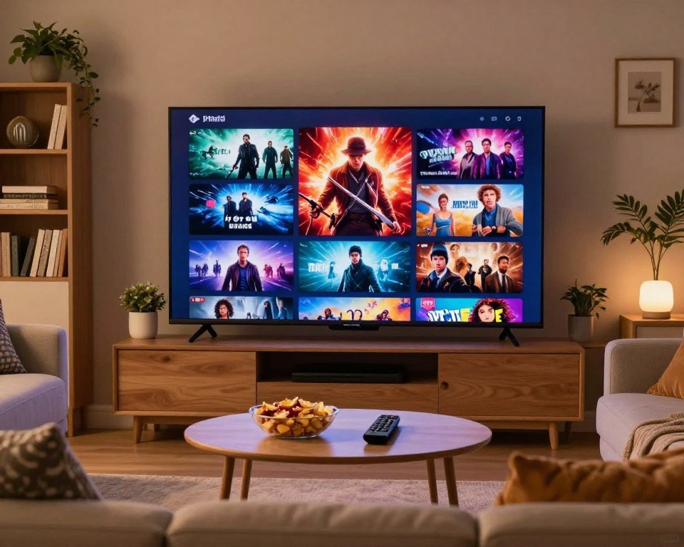 A cozy living room setting with a large Smart TV showcasing a colorful array of film and series selections on the screen. In the foreground, a comfortable sofa with throw pillows, inviting and warm. A stylish coffee table is adorned with snacks and a remote control, creating a relaxed viewing atmosphere. In the middle, the Smart TV displays a vibrant collage of genres, such as action, drama, and comedy, highlighted by dynamic visuals. The background features soft ambient lighting, with bookcases and decorative plants giving a touch of homeliness. The overall mood is inviting and engaging, ideal for family entertainment. The scene captures the essence of diverse content available through IPTV subscriptions.