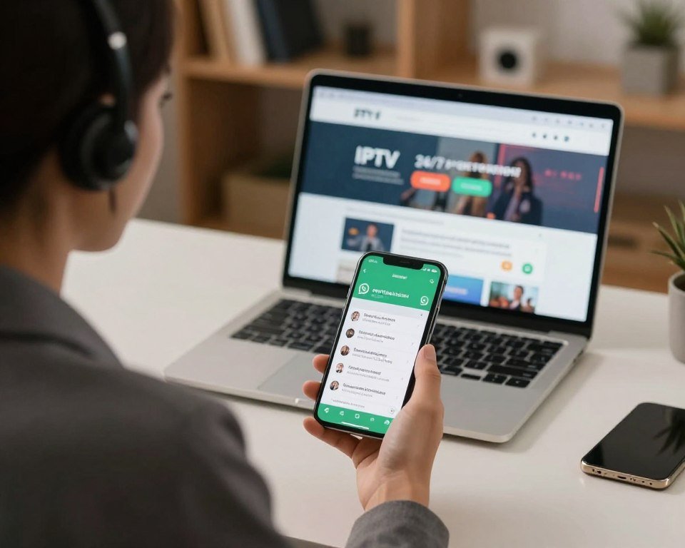 A cozy, professional workspace featuring a smartphone displaying the WhatsApp interface on its screen, with a clear focus on a chat conversation about customer support. In the foreground, a confident customer service representative in business attire sits at a sleek desk, engaging with a client through WhatsApp. The middle layer showcases a stylish laptop open with an IPTV subscription page loaded in the background. Soft, warm lighting enhances a welcoming atmosphere, while a blurred bookshelf with tech gadgets subtly complements the scene. The mood is friendly and approachable, reflecting the concept of 24/7 support, with the representative exuding professionalism and readiness to assist clients. The angle is slightly elevated, providing a comprehensive view of the interaction.
