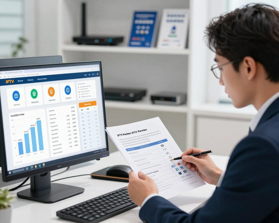 A detailed and organized workspace featuring a business professional evaluating digital television service providers. In the foreground, a desktop computer displays graphs and comparisons of various IPTV subscription plans, with icons symbolizing reliability and features. In the middle ground, a well-dressed individual consults documents with criteria for selecting IPTV providers, surrounded by quotes and symbols representing quality assurance, service ratings, and customer support. In the background, soft-focused shelves lined with telecommunications devices and glossy promotional brochures create a sleek, modern atmosphere. The lighting is bright and inviting, mimicking daylight to convey a sense of clarity and trustworthiness. This image evokes a mood of professionalism and informed decision-making in the digital entertainment landscape.