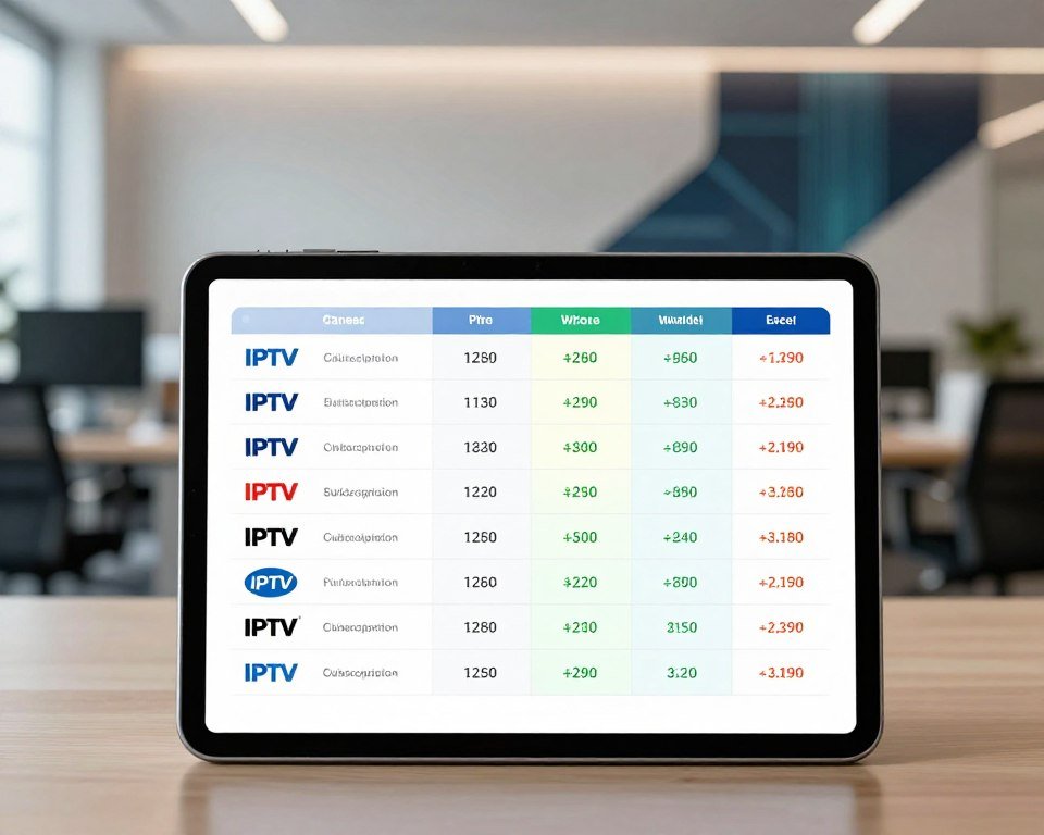 A detailed comparison chart of IPTV subscription prices, visually displayed in a modern and sleek design. In the foreground, a digital tablet showing a well-organized, colorful comparison table with various IPTV service logos and their corresponding prices. The middle layer features a background of a stylish office environment, with a blurred modern desk and an abstract wall design that suggests technology and media. Soft, even lighting illuminates the scene, creating a professional atmosphere. The mood is insightful and informative, appealing to readers looking for value in their IPTV services. The composition should invite viewers to engage with the pricing information clearly and attractively, with no text overlays or distractions.