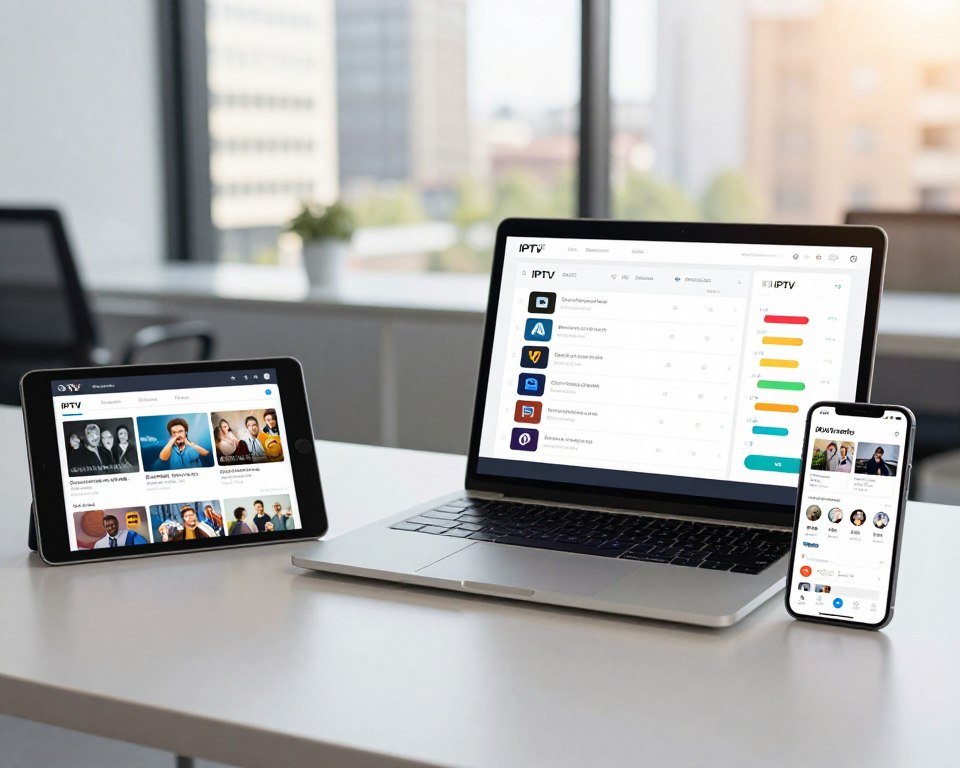 A detailed comparison of IPTV alternative applications, presented in a modern and organized manner. In the foreground, show tablets and smartphones displaying app interfaces, highlighting features such as channel listings, user ratings, and interface designs. In the middle, a clean, minimalistic workspace with a laptop open, displaying a comparison chart of different IPTV apps, illustrated with colorful icons and graphs. In the background, a soft-focus urban office environment with large windows, allowing natural light to create a bright and inviting atmosphere. The lighting is warm and natural, enhancing the professional setting. The overall mood is informative and engaging, ideal for a tech-savvy audience.