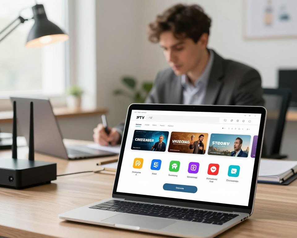 A detailed installation guide for an IPTV streaming application. In the foreground, display a sleek tablet or laptop with an open installation interface, showcasing the step-by-step process visually. Include a set of colorful icons representing various streaming apps. In the middle, depict a blurred out workspace featuring a professional in business attire, focused on the device while taking notes, creating a sense of engagement. In the background, include soft light emanating from a window or a desk lamp, highlighting a neat and organized office environment with hints of technology, such as a Wi-Fi router and various streaming devices. The atmosphere should be positive and encouraging, inviting viewers to easily follow the installation steps.