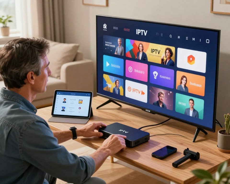 A detailed instructional scene depicting a professional setting for IPTV installation. In the foreground, a middle-aged, casually dressed technician is demonstrating how to set up an IPTV box, connecting it to a modern flat-screen TV. Display various colorful icons representing channels and apps on the screen. In the middle ground, a sleek, organized workspace with tools and a tablet showing a step-by-step guide. The background features a cozy living room with warm lighting, creating a welcoming atmosphere. Use soft, diffused natural light coming from a nearby window. The angle should be slightly above eye level, capturing both the technician's focused expression and the vibrant TV display. The mood is informative and engaging, perfect for a tutorial context.