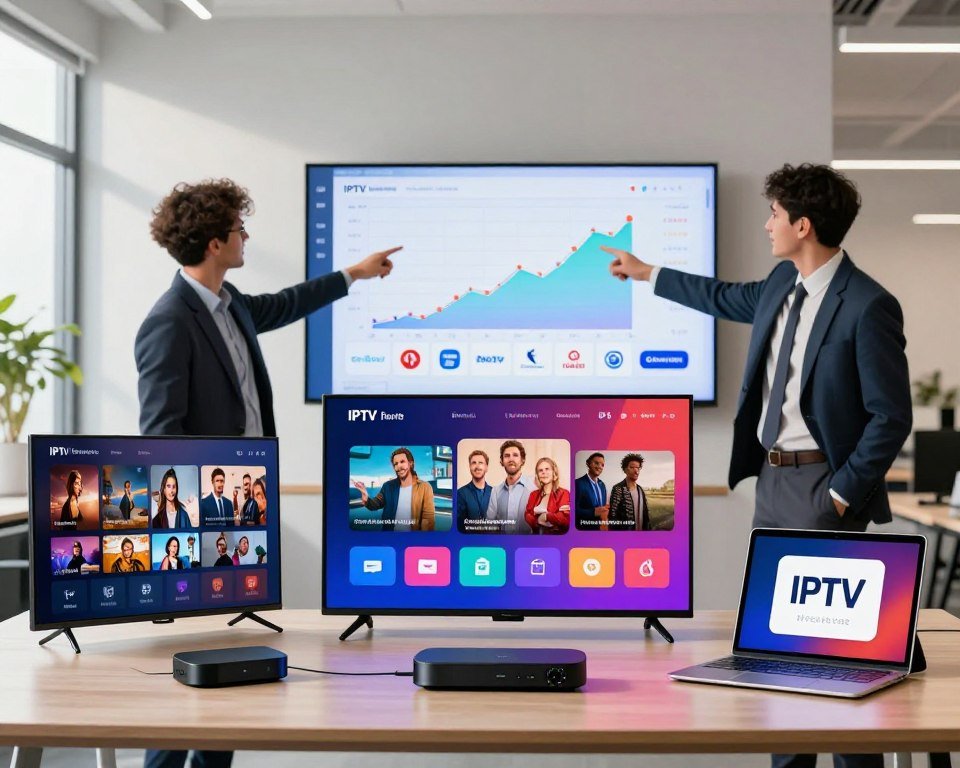 A digital marketing comparison scene highlighting different IPTV providers in France. In the foreground, a sleek table displays various devices like smart TVs, streaming sticks, and tablets, each showcasing their interfaces with vibrant thumbnails of popular shows. The middle ground features three professional individuals in business attire, pointing at a large screen filled with colorful graphs and logos of leading IPTV companies, symbolizing their contrasting offers. The background reveals a modern office space with large windows letting in bright natural light, casting soft shadows. The atmosphere is energetic and focused, emphasizing collaboration and innovation in digital entertainment solutions. The composition is balanced, with a slight depth of field that keeps attention on the devices and the discussion.