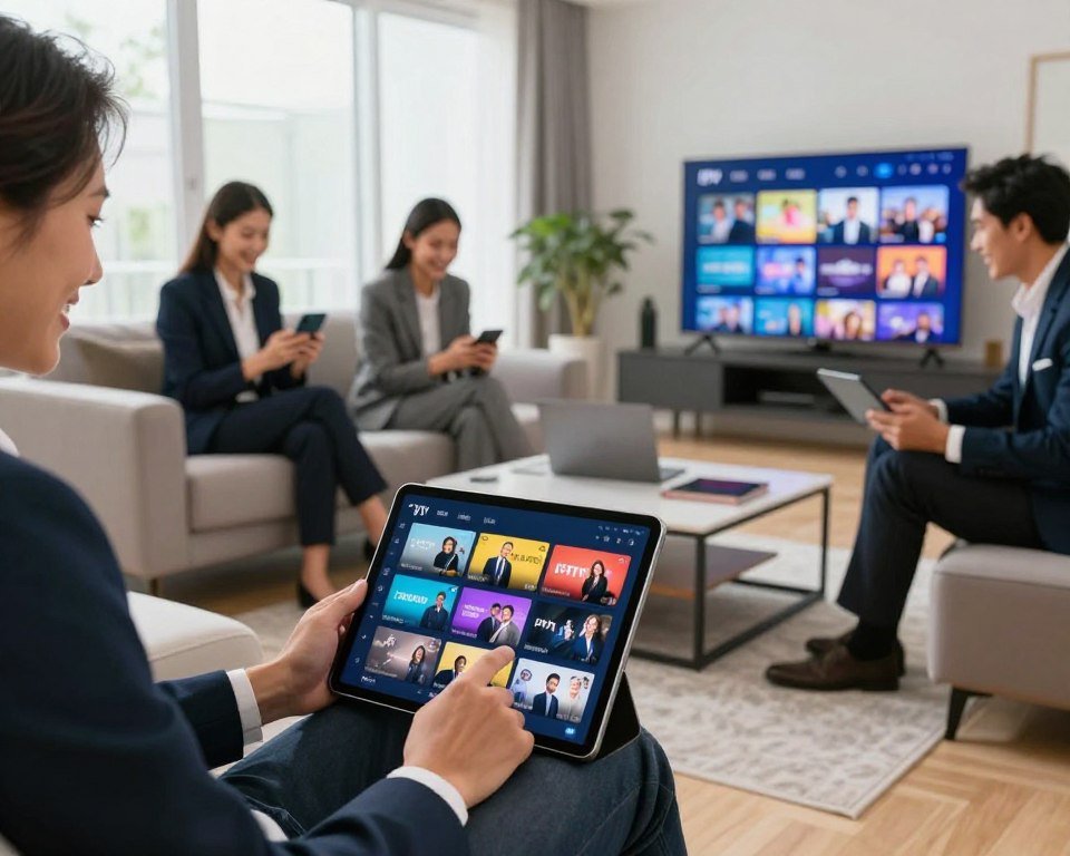A diverse group of people, dressed in professional business attire, joyfully engaging with various devices like smartphones, tablets, laptops, and smart TVs. The foreground features a close-up of hands interacting with a tablet displaying an IPTV interface, showcasing a rich variety of channels. In the middle, the individuals are positioned around a coffee table, sitting on comfortable furniture in a well-lit modern living room. The background consists of a bright open window with natural lighting streaming in, complementing a sleek and inviting interior. The atmosphere is one of collaboration and excitement, emphasizing compatibility and seamless technology across devices. The image should capture a sense of versatility and ease in using IPTV services on any device without any text or logos.