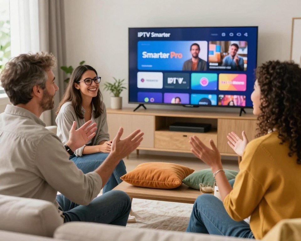 A diverse group of satisfied customers sitting in a modern living room, smiling and sharing their positive experiences with IPTV Smarter Pro. In the foreground, a middle-aged man in business casual attire gestures enthusiastically while two women, one with glasses and the other with curly hair, nod in agreement. The middle ground features a large flat-screen TV displaying vibrant visuals of a streaming interface, while colorful cushions and plants add warmth to the setting. The background includes subtle hints of a cozy, well-lit home with natural light streaming through a window, creating an inviting atmosphere. The overall mood is one of happiness, satisfaction, and connection, emphasizing the theme of reliable entertainment without interruption.