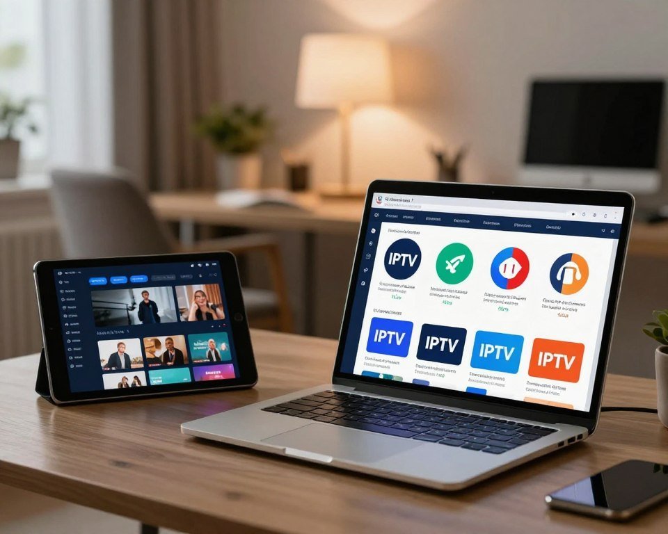 A dynamic and informative scene depicting a comparative analysis of IPTV offers in France. In the foreground, a sleek laptop is open, displaying colorful charts and graphs comparing various IPTV packages. To the left of the laptop, a stylish tablet rests, showing a streaming interface. The middle ground features a modern workspace, with a comfortable chair and a subtle potted plant, emphasizing a professional yet inviting atmosphere. In the background, soft, ambient lighting illuminates the space, suggesting a late afternoon setting. Consider a shallow depth of field to focus on the tech devices, creating a sense of clarity and professionalism. Overall, the mood should be one of sophistication and knowledge, reflecting the exploration of quality and service in IPTV subscriptions.