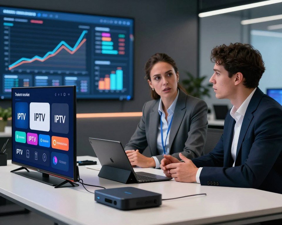 A dynamic and informative scene depicting the trends in the IPTV market in France. Foreground features a sleek, modern tabletop setup with various electronic devices such as a smart TV, a tablet, and a streaming box, showcasing IPTV applications. The middle ground reveals a diverse group of three professionals, two men and one woman, dressed in smart business attire, engaged in a discussion about IPTV trends. Their expressions are focused and analytical. In the background, a digital display board illuminates data charts and graphs representing market growth and shifts in consumer preferences, all against a stylish, tech-savvy office environment. Soft, ambient lighting enhances the atmosphere, while a slight depth of field effect draws attention to the foreground elements, creating a sense of clarity and professionalism.