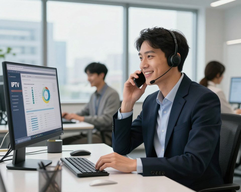 A friendly customer support representative seated at a modern desk, engaged in a phone conversation with a client, showcasing a caring demeanor. The foreground features a sleek computer displaying IPTV services, with visible charts and support documentation. In the middle ground, a cheerful office environment with bright, natural lighting enhances the professional atmosphere. The background displays a large window with a cityscape view, emphasizing a bustling yet organized workspace. The representative is dressed in smart business attire, conveying professionalism and approachability. The overall mood is one of reliability, support, and readiness to assist clients promptly.