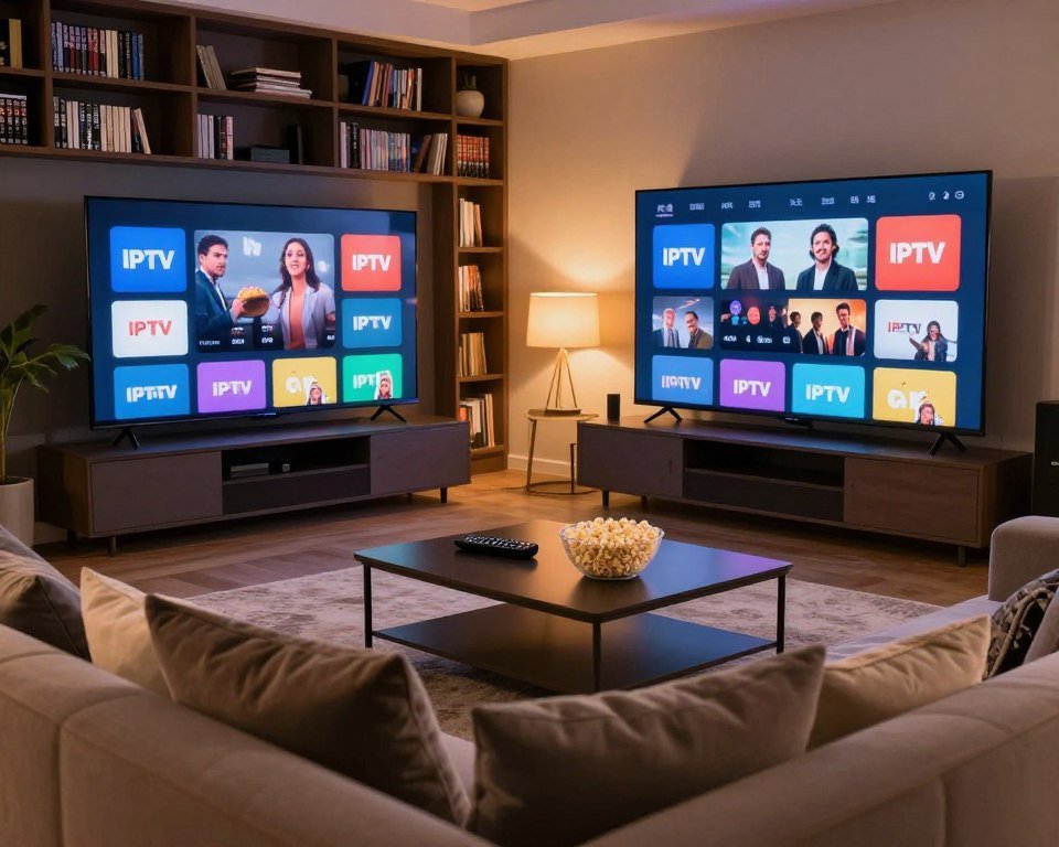 A high-definition image depicting a cozy living room with a large, modern TV displaying IPTV streaming service icons. In the foreground, a stylish sofa adorned with soft cushions invites viewers to relax. The middle ground features a sleek coffee table with a remote control and popcorn, emphasizing the joy of watching quality content. The background showcases a tasteful bookshelf filled with DVDs and books, subtly hinting at reliability and variety. Warm, ambient lighting creates an inviting atmosphere, while soft shadows add depth. A wide-angle perspective captures the scene, conveying a sense of comfort and modern lifestyles. The overall mood is serene and engaging, reflecting the essence of quality and reliability in IPTV services.