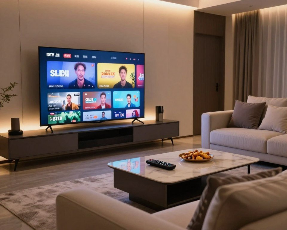 A high-definition, modern living room setup with a sleek flat-screen TV displaying vibrant IPTV content. In the foreground, a stylish coffee table is adorned with a decorative remote control and snacks, emphasizing a cozy viewing experience. The middle ground features a comfortable sofa, positioned perfectly for optimal viewing, with soft throw pillows adding detail. The background reveals a tastefully decorated wall with subtle ambient lighting, casting a warm glow to enhance the atmosphere. Use a slightly elevated angle to capture the depth of the room, giving a sense of immersion. The lighting should be soft and inviting, evoking a relaxed, enjoyable ambiance, perfect for family entertainment. A high-definition, modern living room setup with a sleek flat-screen TV displaying vibrant IPTV content. In the foreground, a stylish coffee table is adorned with a decorative remote control and snacks, emphasizing a cozy viewing experience. The middle ground features a comfortable sofa, positioned perfectly for optimal viewing, with soft throw pillows adding detail. The background reveals a tastefully decorated wall with subtle ambient lighting, casting a warm glow to enhance the atmosphere. Use a slightly elevated angle to capture the depth of the room, giving a sense of immersion. The lighting should be soft and inviting, evoking a relaxed, enjoyable ambiance, perfect for family entertainment.