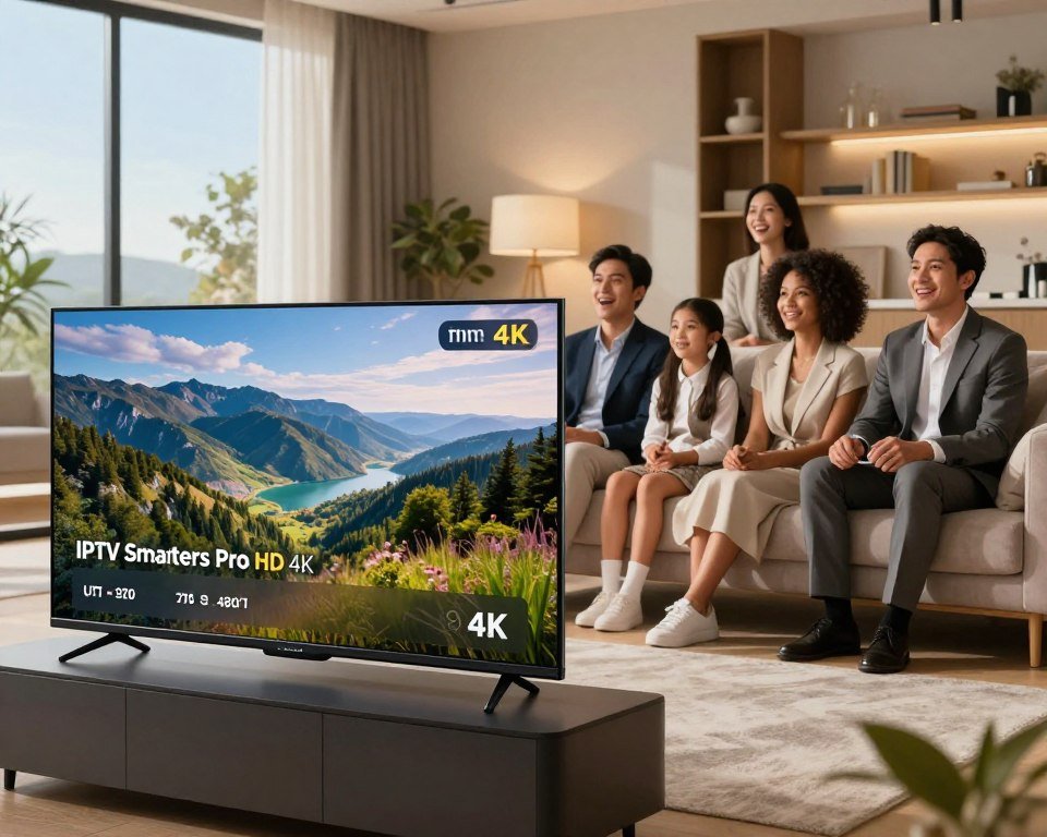 A high-definition streaming scenario showcasing the advanced features of IPTV Smarters Pro HD 4K. In the foreground, a modern, sleek Smart TV displays a vibrant 4K image of a scenic landscape, reflecting exceptional image quality and clarity. A comfortable living room setting with a plush sofa and stylish decor surrounds the TV. In the middle ground, a diverse family, dressed in professional business attire, watches intently while seated on the sofa, their expressions of joy and amazement conveying the advantages of the service. Soft, warm lighting fills the room, enhancing the cozy atmosphere. The background features modern furnishings, with a window revealing a clear, sunny day outside, symbolizing clarity and brightness, suggesting an ideal viewing experience. Capture this scene from a slightly angled perspective to emphasize the immersive environment.