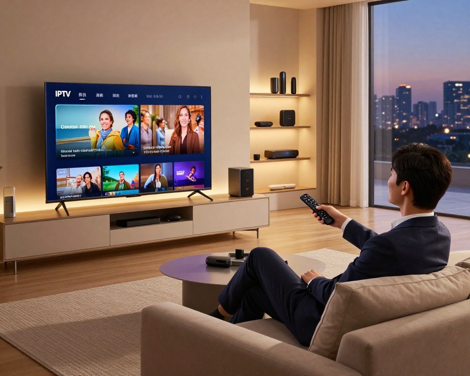 A high-quality streaming setup featuring a sleek, modern living room. In the foreground, a large flat-screen TV displays vibrant, crystal-clear content, surrounded by stylish furniture. A person, dressed in professional business attire, sits comfortably on a chic sofa, holding a remote control with an expression of satisfaction. In the middle ground, a well-organized shelf showcases various streaming devices and smart home accessories, softly illuminated by warm ambient lighting. The background features a window with a view of a serene evening skyline, creating a cozy atmosphere. The overall mood conveys relaxation and modern technology, emphasizing the advantages of high-quality IPTV subscriptions. Use natural lighting to highlight the warmth and comfort of the space, captured with a slightly elevated angle for an inviting perspective.