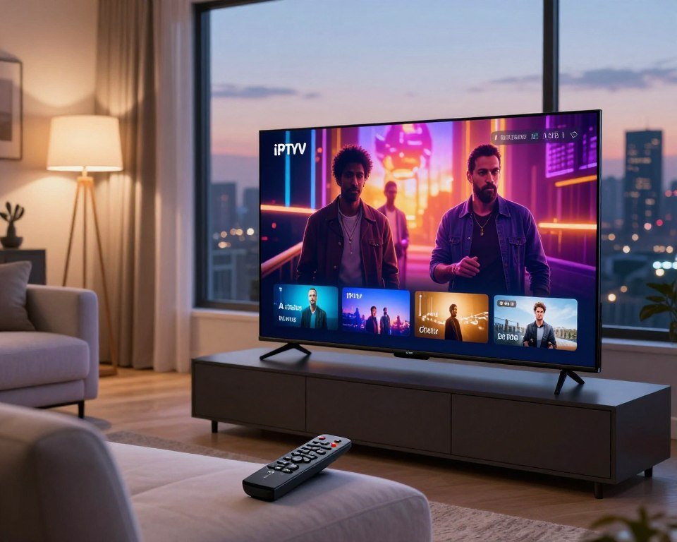 A high-resolution image capturing the essence of IPTV streaming quality, showcasing a modern living room setup. In the foreground, a sleek flat-screen television displays vibrant, crystal-clear images of dynamic scenes, emphasizing rich colors and sharp details. The middle ground features a stylish, comfortable couch with a user-friendly remote control resting on the armrest. Soft ambient lighting from floor lamps creates a cozy yet sophisticated atmosphere, while a window in the background reveals a serene view of a city skyline at dusk. The scene feels inviting and modern, reflecting the advanced technology and high-performance streaming available through IPTV. The focus is on showcasing the image clarity, with a shallow depth of field that subtly blurs the edges, drawing attention to the vibrant television display.