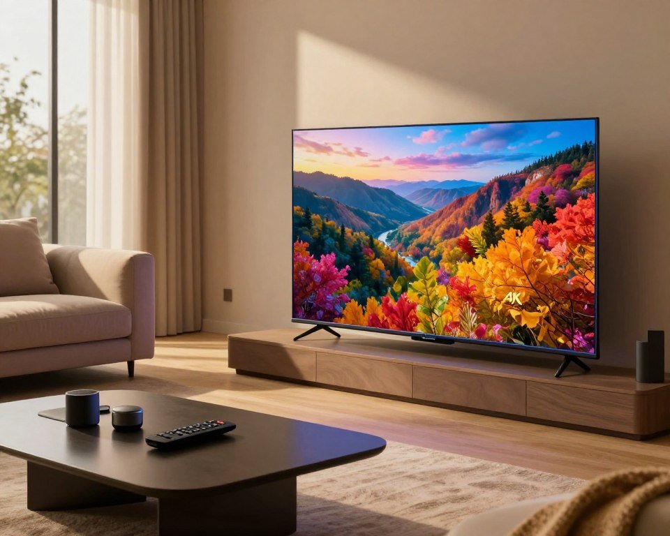 A high-tech living room interior featuring a modern smart TV displaying vibrant 4K content, showcasing a stunning landscape scene with rich colors and sharp details. In the foreground, a stylish coffee table with a remote control and a few sleek gadgets. The middle ground presents a comfortable sofa with plush cushions, inviting viewers to settle in for an immersive viewing experience. The background includes large windows allowing natural light to pour in, casting soft shadows that enhance the mood of relaxation and luxury. Use warm, inviting lighting to create a cozy atmosphere, shot from a slightly elevated angle to capture the depth of the room, with a focus on the clarity and vibrancy of the screen.