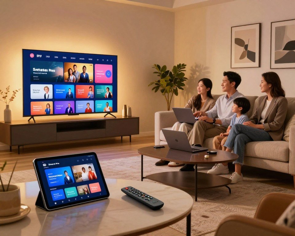 A high-tech living room setting showcasing a modern smart TV displaying vibrant streaming content, illuminated by soft, warm lighting. In the foreground, a stylish coffee table holds a sleek remote and a tablet with IPTV Smarters Pro interface visible. The middle ground features a comfortable sofa with a laptop and family members dressed in professional business attire, sitting together and interacting with the streaming service, emphasizing a cozy and ideal viewing experience. The background consists of contemporary decor, like framed artwork and a potted plant, creating an inviting atmosphere. The overall mood is warm, engaging, and reflects quality entertainment with optimal streaming capability. Use a wide-angle lens to capture the inviting ambiance and dynamic interaction.