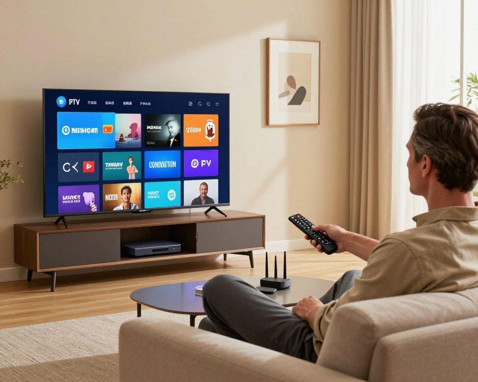 A high-tech living room setting showcasing the functionality of IPTV technology. In the foreground, a sleek modern TV displays a vibrant interface with various streaming options. A professional, middle-aged man in smart casual attire sits comfortably on a stylish sofa, interacting with a remote control. In the middle ground, an entertainment unit with neatly arranged gadgets, including a set-top box and router, conveys a sense of advanced technology. The background features a warm ambiance with soft lighting, neatly hung artwork, and a window letting in natural light. The scene evokes a sense of comfort and innovation, illustrating the essence of IPTV subscriptions in a home environment.