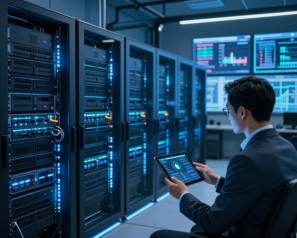 A high-tech server room illuminated by soft blue LED lighting, showcasing rows of sleek, modern servers and networking equipment. In the foreground, a professional IT technician in business attire monitors performance metrics on a digital tablet, ensuring the stability and efficiency of the network. The middle ground features glowing server racks with data flowing through the systems, while the background displays a wall of screens showing real-time analytics and graphs related to server performance. The atmosphere is calm and focused, conveying a sense of reliability and cutting-edge technology. The overall composition emphasizes clarity and professionalism, suitable for a technical article on server performance and stability.