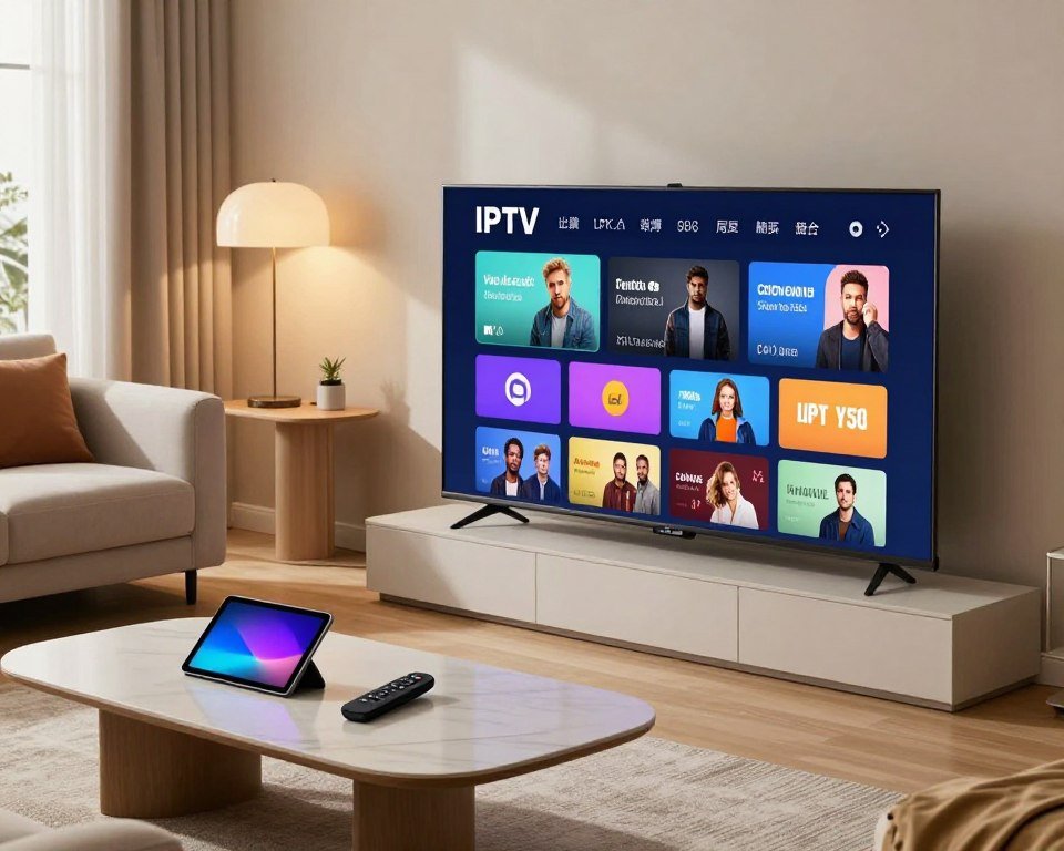 A modern IPTV user interface set in a stylish living room environment. In the foreground, a sleek, high-definition television displays a vibrant, easy-to-navigate app interface with colorful tiles representing various channels and content categories. The middle ground features tastefully arranged furniture, such as a cozy couch and a contemporary coffee table with smart devices like a tablet and remote control. The background showcases a subtle blend of warm, ambient lighting from stylish lamps and natural light streaming in from a window, creating an inviting atmosphere. The image should have a professional tone, with a clean and minimalist design that emphasizes usability and customer experience. The angle should be slightly elevated to capture the essence of both the interface and the cozy space.