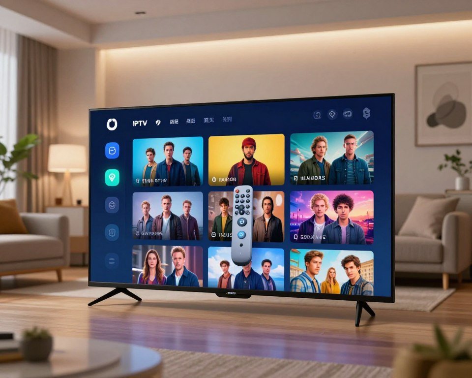 A modern and intuitive user interface for an IPTV application, featuring a sleek design with vibrant colors and dynamic icons. The foreground showcases a crisp television screen displaying a colorful interface with large thumbnail images of various shows and movies, arranged in an engaging grid format. In the middle, a stylish remote control with minimalist buttons is artistically placed next to the screen, symbolizing ease of use. The background features a contemporary living room setting with soft, ambient lighting creating a cozy and inviting atmosphere. The space is elegantly furnished, emphasizing comfort and modernity, with a hint of greenery from potted plants. A wide-angle perspective captures the scene, inviting viewers to imagine the seamless interaction with the interface.