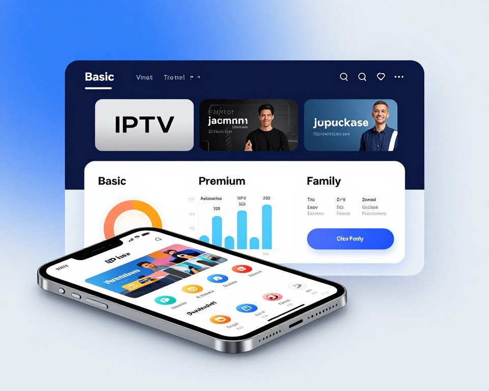 A modern and sleek digital interface showcasing various IPTV subscription options, prominently displayed in neat categories like 'Basic', 'Premium', and 'Family'. The foreground features an elegant tablet or smartphone with vibrant icons representing channels and features. In the middle, infographics illustrating pricing tiers, with eye-catching graphics to highlight key benefits and features of each option. The background is a subtle gradient of blue and white to evoke a feeling of technological innovation and trust. Soft, ambient lighting enhances the professional appearance, with a focus on user-friendly design elements. The overall mood is informative and inviting, perfect for viewers seeking IPTV solutions. A modern and sleek digital interface showcasing various IPTV subscription options, prominently displayed in neat categories like 'Basic', 'Premium', and 'Family'. The foreground features an elegant tablet or smartphone with vibrant icons representing channels and features. In the middle, infographics illustrating pricing tiers, with eye-catching graphics to highlight key benefits and features of each option. The background is a subtle gradient of blue and white to evoke a feeling of technological innovation and trust. Soft, ambient lighting enhances the professional appearance, with a focus on user-friendly design elements. The overall mood is informative and inviting, perfect for viewers seeking IPTV solutions.