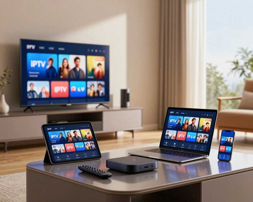 A modern and sleek living room scene showcasing various electronic devices, including a smart TV, laptop, tablet, and smartphone, all displaying the same IPTV interface. The foreground features a stylish coffee table with remote controls and streaming devices. In the middle, the devices are arranged harmoniously, reflecting compatibility with each other, positioned on a contemporary entertainment unit. The background includes a cozy, well-lit room with a large window letting in soft, natural light, casting gentle shadows. The atmosphere is inviting and tech-savvy, emphasizing convenience and modern lifestyle. Use a focal length of 35mm to enhance the depth, capturing vibrant colors that evoke a sense of innovation and accessibility.