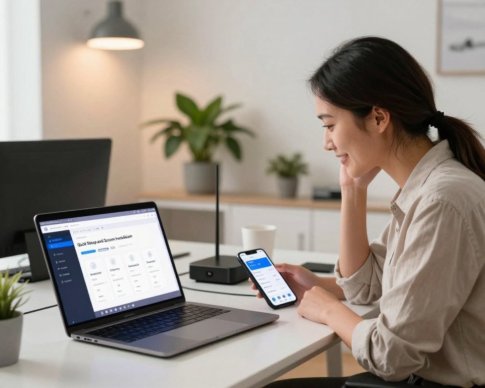 A modern and sleek workspace designed for "Quick Setup and Secure Installation" of IPTV Smarters Pro. In the foreground, a well-organized desk featuring a laptop displaying a user-friendly interface with installation steps, alongside a smartphone showing the app. In the middle ground, a professional individual in smart casual clothing is attentively configuring settings on the laptop, with a look of concentration and satisfaction. The background includes a clean, minimalist office environment with potted plants and ambient lighting, creating a warm, inviting atmosphere. The lighting is soft yet bright, emulating a sunny day to enhance productivity. The camera angle is slightly above eye level, capturing both the desk activity and the contemporary work environment, reflecting a sense of professionalism and security.