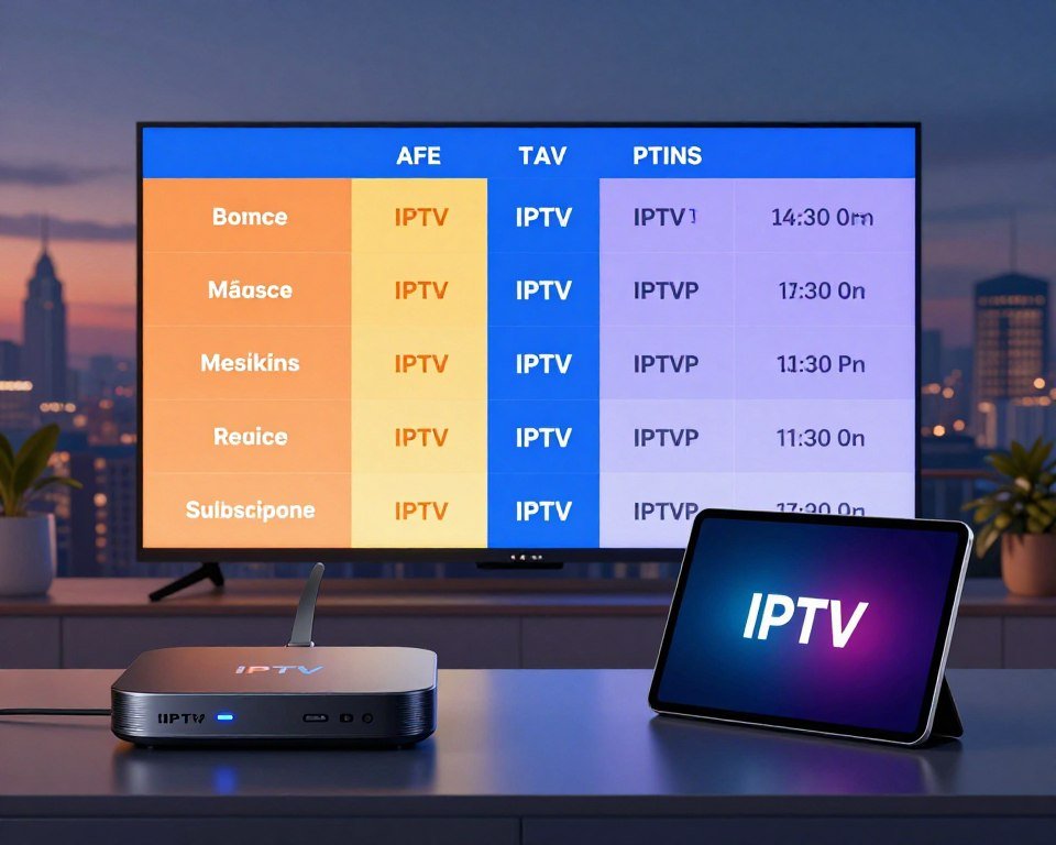 A modern and visually appealing comparison graphic showcasing the IPTV subscription services in France. In the foreground, display two sleek, modern devices representing IPTV services, such as streaming boxes and tablets, elegantly angled towards the viewer. In the middle ground, include a balanced comparison chart or infographic showing key features of different IPTV subscriptions, using vibrant colors to differentiate them. The background should feature a stylized urban landscape, symbolizing connectivity, with soft dusk lighting that suggests a cozy viewing atmosphere. The overall mood should be informative yet inviting, with a slight tech-savvy ambiance, captured from a slightly elevated angle for a comprehensive view. A modern and visually appealing comparison graphic showcasing the IPTV subscription services in France. In the foreground, display two sleek, modern devices representing IPTV services, such as streaming boxes and tablets, elegantly angled towards the viewer. In the middle ground, include a balanced comparison chart or infographic showing key features of different IPTV subscriptions, using vibrant colors to differentiate them. The background should feature a stylized urban landscape, symbolizing connectivity, with soft dusk lighting that suggests a cozy viewing atmosphere. The overall mood should be informative yet inviting, with a slight tech-savvy ambiance, captured from a slightly elevated angle for a comprehensive view.
