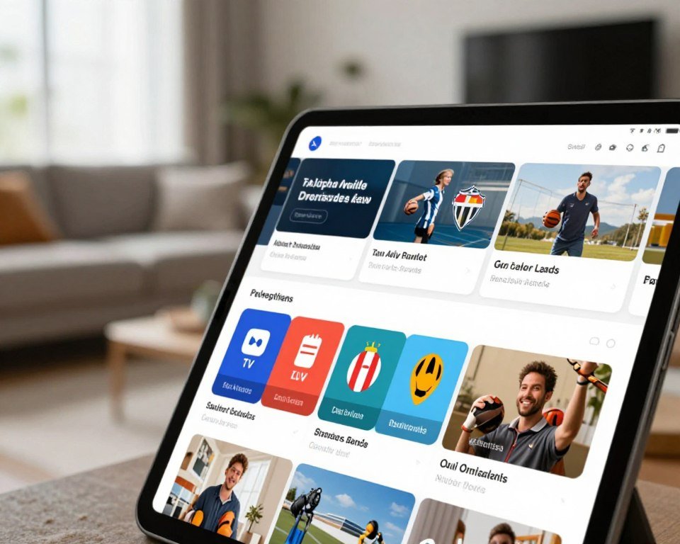 A modern and visually appealing layout of various subscription options displayed on a sleek digital device interface, prominently featuring different tiers and pricing details. The foreground shows a close-up of a tablet, with icons representing various features like live TV, movies, and sports, surrounded by colorful graphics indicating pricing plans. The middle ground includes a blurred background of a stylish, contemporary living room setting that conveys comfort and technology, with soft, natural lighting coming from a window. The overall mood is professional yet inviting, suggesting accessibility and ease of use for viewers. The image should be free of any text overlays or branding elements.