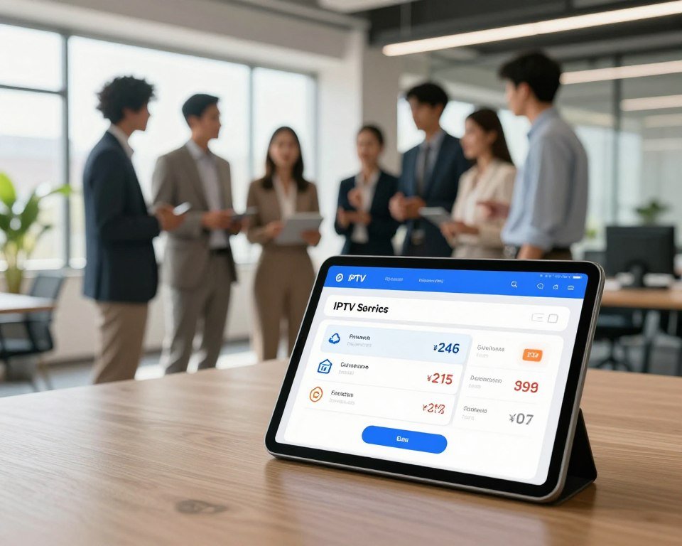 A modern business environment showcasing competitive subscription pricing for IPTV services. In the foreground, a sleek tablet displaying an interactive subscription plan interface featuring various price points highlighted with attractive icons. In the middle ground, a diverse group of business professionals in business attire discuss and point to the tablet, conveying engagement and interest. In the background, a bright, open office space with large windows letting in natural light, plants for a touch of greenery, and minimalist furniture that enhances professionalism. The mood is dynamic and forward-thinking, emphasizing affordability and accessibility in IPTV subscriptions. Soft lighting to create a warm atmosphere, shot at a slight angle for visual interest.