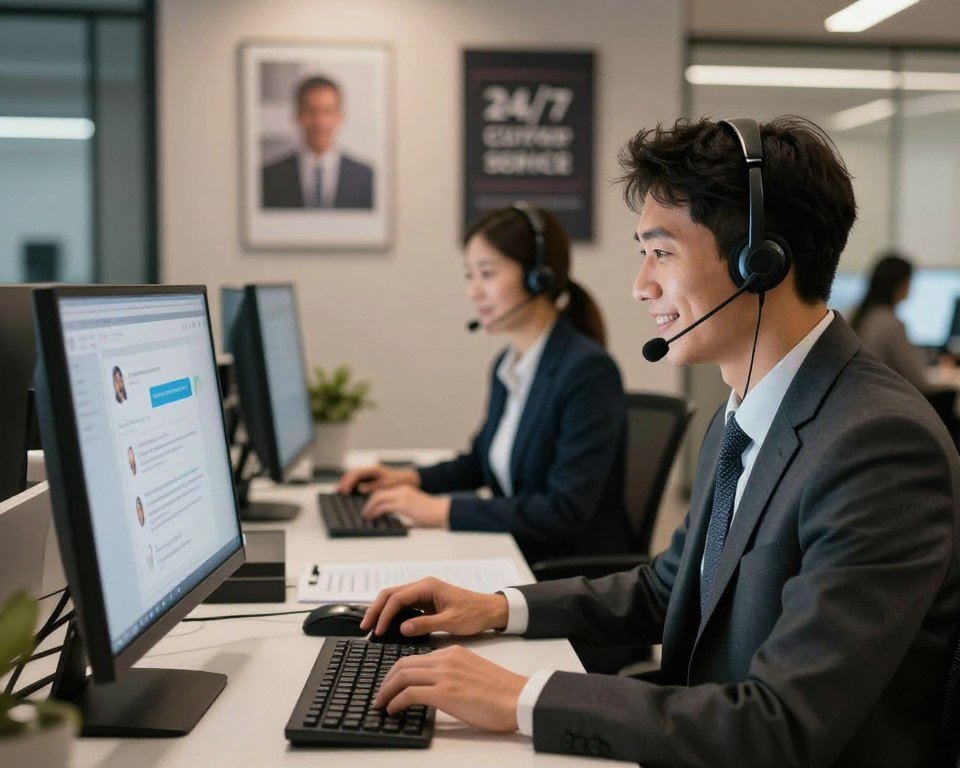A modern customer support center with a professional representative attending to a client, depicted in smart business attire, seated at a sleek desk with a high-tech headset. The foreground features a computer screen displaying a friendly chat interface, and the middle layer shows the representative engaging with the client, smiling warmly to convey approachability. In the background, the office is illuminated with soft, warm lighting, accented by motivational posters about customer service. The overall mood is one of accessibility and reliability, embodying the concept of 24/7 support. The angle is slightly above eye level, focusing on the interaction while keeping the office atmosphere relaxed and inviting.