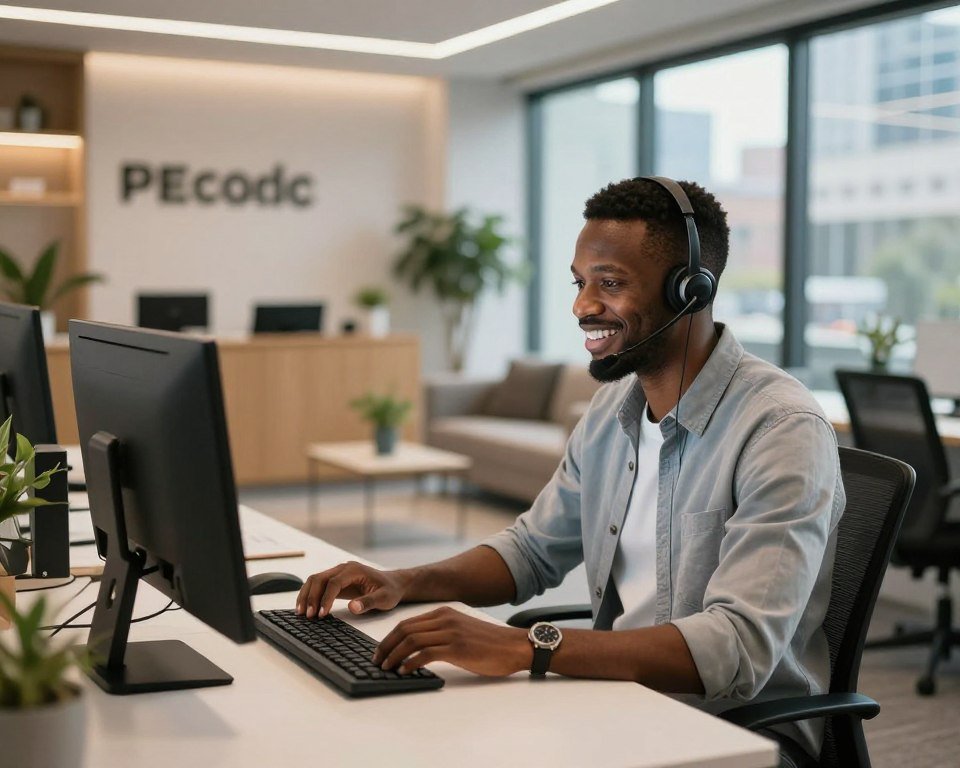 A modern customer support office environment that conveys premium service. In the foreground, a friendly support agent of African descent, dressed in smart casual attire, is seated at a sleek desk with a high-quality headset, attentively engaged with a customer on a computer screen. The middle ground features a stylish reception area with comfortable seating, plants, and a contemporary design, signifying a welcoming atmosphere. In the background, large windows let in natural light, creating a bright and inviting ambiance. Soft, diffused lighting enhances the warm and professional mood, while the view outside shows a bustling cityscape, symbolizing connectivity and accessibility. The overall composition evokes a sense of trust and efficiency in client support.
