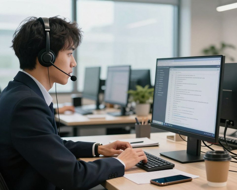 A modern customer support scene featuring a professional representative engaged in a conversation with a client. In the foreground, a focused individual in business attire, wearing a headset, gestures towards a computer screen filled with technical information. The middle ground displays a sleek office environment, with a desk cluttered with notepads, a smartphone, and a coffee cup, conveying a busy yet organized atmosphere. The background features large windows letting in soft, natural light, creating an inviting ambiance. The overall mood is one of responsiveness and efficiency, portraying a scene where technical support is readily available and attentive to client needs. The image should emphasize professionalism and a supportive interaction without any text or branding.