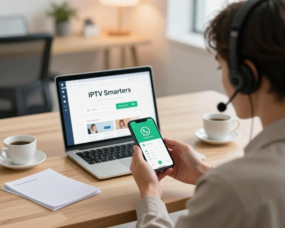 A modern customer support scene illustrating the concept of assistance via WhatsApp for IPTV Smarters. In the foreground, a professional-looking individual dressed in business casual attire engages in a friendly conversation on a smartphone, showing a WhatsApp interface with IPTV Smarters graphics. The middle layer features a sleek laptop displaying the IPTV Smarters app, surrounded by notes and a cup of coffee, adding a sense of productivity. The background consists of a tidy, modern office environment with soft lighting that creates a warm, inviting atmosphere. A subtle bokeh effect emphasizes the individual and the technological elements, conveying an efficient and approachable mood. The overall composition should evoke feelings of support, professionalism, and modern technology in a cohesive manner.