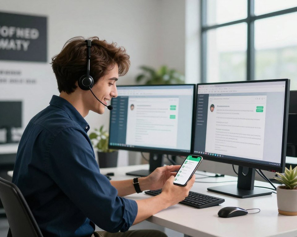 A modern customer support scene in a bright, professional office. In the foreground, a friendly support agent with short brown hair is seated at a sleek desk, wearing a navy blue business shirt, focused on a smartphone displaying a WhatsApp chat interface. The agent has a warm smile and is gesturing as if offering assistance. The middle ground includes a computer with multiple monitors showing customer service software and FAQs. In the background, a carefully arranged wall with motivational quotes and a large window letting in natural light creates an inviting atmosphere. Soft shadows and a depth of field effect enhance the image, giving it a sense of realism while reflecting a responsive and supportive client service vibe.