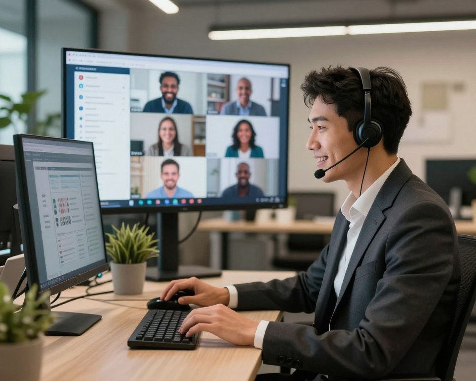 A modern customer support scene set in a sleek, well-lit office environment. In the foreground, a professional-looking support agent wearing a stylish business suit, seated at a desk with a headset, is intently assisting a client through a computer screen. The agent's body language is attentive and friendly, exuding confidence and approachability. In the middle ground, a large digital screen displays customer support statistics and a video call interface, showcasing a diverse range of happy clients receiving assistance. The background features contemporary office decor, including plants and soft lighting, creating a welcoming atmosphere. The overall mood is one of professionalism, efficiency, and dedication to customer service, captured with a slightly warm tone to enhance the inviting feel.