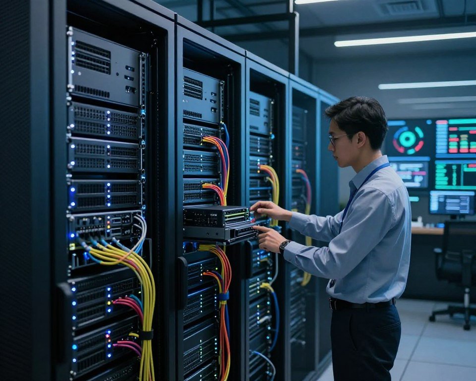 A modern data center filled with rows of high-performance servers, their blinking LEDs casting a soft glow in the dimly lit environment. In the foreground, a professional technician in business attire inspects a server rack, showcasing a focus on network performance and reliability. The middle ground features varied server hardware models, interconnected with vibrant colored cables emphasizing the advanced networking infrastructure. The background reveals a sleek control panel with digital displays showcasing live performance metrics. Soft, focused lighting creates a high-tech atmosphere, highlighting details of the equipment while maintaining a sense of professionalism. The scene conveys a mood of innovation and efficiency, essential for a premium IPTV service.