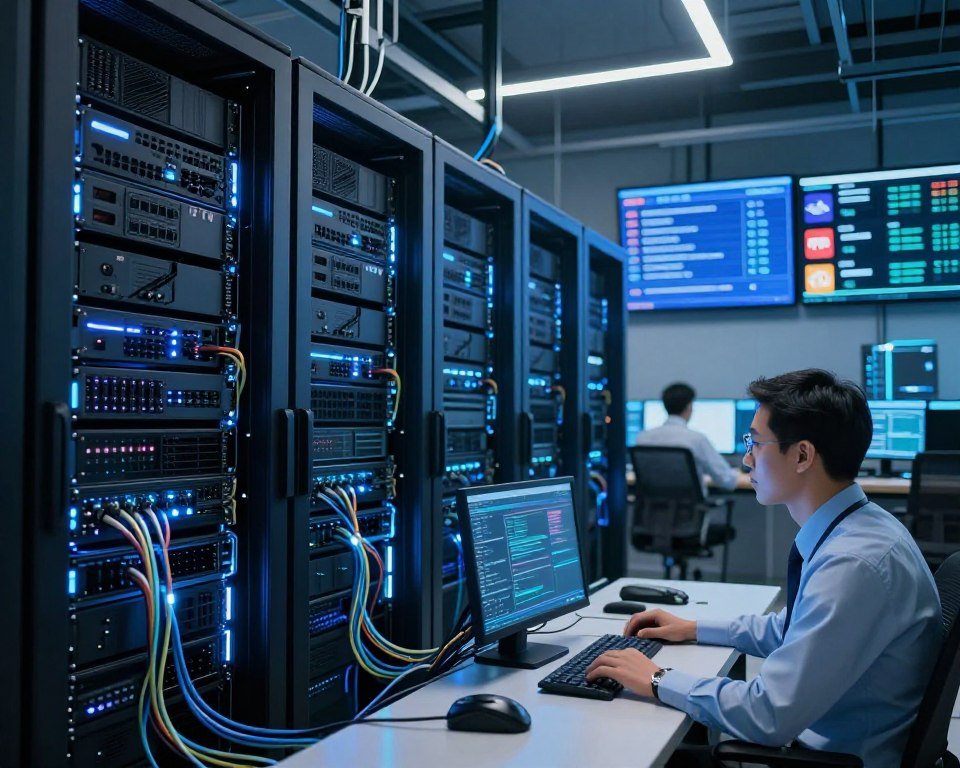 A modern data center filled with sleek, high-performance servers interconnected by glowing cables, illustrating a robust IPTV infrastructure. In the foreground, a technician in a professional business attire examines a screen showing streaming analytics with a focused expression. The middle ground features rows of illuminated server racks, showcasing advanced cooling systems, while the background reveals a vibrant control room with large monitors displaying IPTV channel lists and real-time statuses. The scene is bathed in cool blue and white lighting to convey a sense of efficiency and technological advancement. A low-angle perspective adds depth, creating a sense of scale and emphasizing the stability and reliability of the IPTV system.