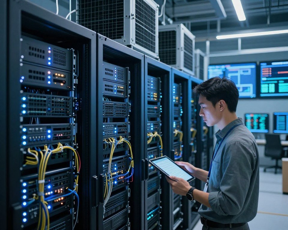 A modern data center, showcasing high-performance servers in sleek, rack-mounted configurations, with bright LED indicators illuminating the space. In the foreground, a focused network engineer, wearing smart casual attire, inspects server connections with a tablet in hand, conveying diligence and professionalism. The middle section features rows of servers with organized cabling, exuding a sense of order and efficiency. The background reveals large cooling units and high-tech monitoring screens displaying real-time performance metrics. Bright, cool blue lighting enhances the atmosphere of innovation and stability, while soft shadows promote depth, creating an engaging and dynamic environment that signifies reliability and high-speed performance.