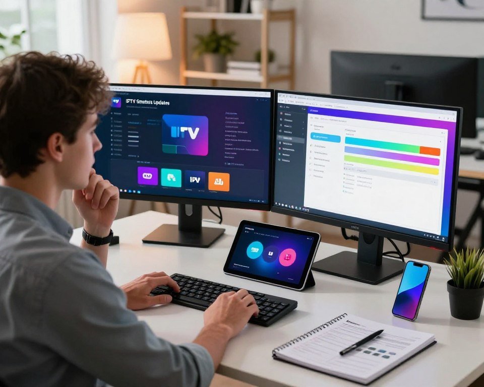 A modern digital workspace focused on troubleshooting IPTV Smarters updates, featuring a sleek computer setup with dual monitors displaying settings screens and progress bars in vibrant colors. In the foreground, a professional technician in business casual attire is actively engaged in problem-solving, with a thoughtful expression. Tools like a notepad and technical manuals are scattered on the desk. In the middle, an array of devices representing various streaming platforms, like tablets and smartphones, are placed neatly. The background showcases a bright, well-lit office with contemporary decor, promoting a productive atmosphere. Warm lighting enhances the focus on the technician and their screen, evoking a sense of professionalism and urgency in the context of technology maintenance.