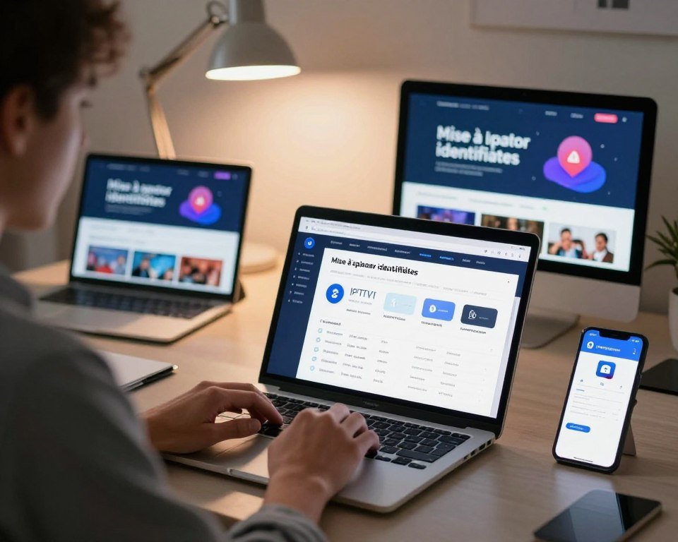 A modern digital workspace reflects the theme of "Mise à jour identifiants." In the foreground, a professional person dressed in smart casual attire is focused on a sleek laptop displaying a user-friendly interface for managing IPTV subscriptions. The middle ground features various devices like a tablet and smartphone displaying IPTV apps, creating a sensory overload of technology. In the background, there's a subtle glow from a contemporary desk lamp, casting warm light that enhances the atmosphere of efficiency and organization. Soft focus on abstract streaming icons and digital interface elements creates a digital vibe. The overall mood conveys a sense of responsibility and order in managing user credentials and keeping subscriptions up to date, emphasizing professionalism and high-tech aesthetics.