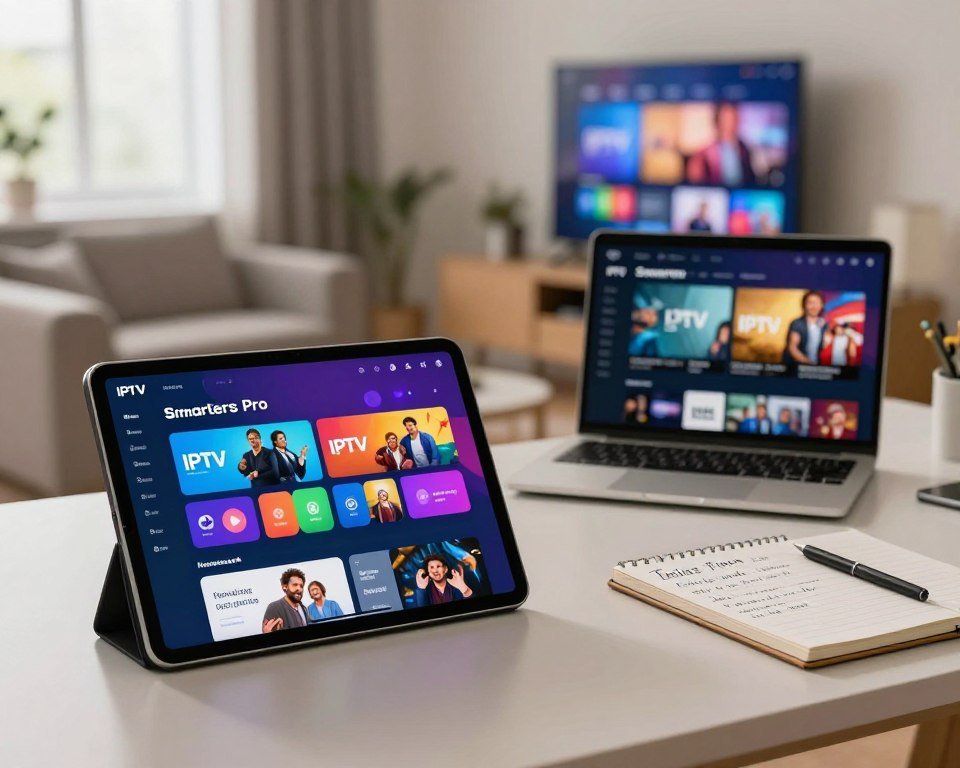 A modern digital workspace showcasing IPTV subscription options. In the foreground, a sleek tablet displays a colorful user interface of IPTV Smarters Pro with various subscription packages, highlighting flexible options. The middle ground features a stylish desk with a laptop open to a streaming service, alongside a notepad with handwritten notes on customizable plans. The background is a cozy, well-lit room with a large screen showing vibrant IPTV content and a comfortable sofa. Soft, natural lighting filters through the window, creating a warm and inviting atmosphere. The scene conveys professionalism and accessibility, reflecting the ease and personalization of IPTV subscriptions.