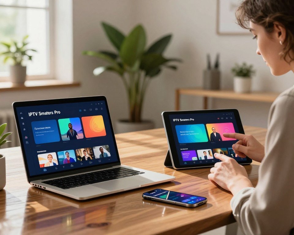 A modern digital workspace showcasing the IPTV Smarters Pro application on various devices, including a sleek laptop, a tablet, and a smartphone, all displaying vibrant screens with the app's interface. The foreground features the devices arranged on a polished wooden desk, with reflections glimmering softly on the surface. In the middle, a person in professional attire is interacting with the tablet, their expression focused and engaged. The background is softly blurred, hinting at a cozy, well-lit office environment, with lush green plants and minimalist décor enhancing the atmosphere. Warm, natural light filters through a nearby window, casting gentle shadows and creating an inviting mood that emphasizes the app's multiplatform compatibility and performance.