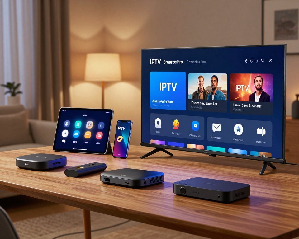 A modern digital workspace showcasing various IPTV devices for compatibility. In the foreground, display a sleek smart TV with the IPTV Smarter Pro interface visible on the screen, surrounded by popular streaming devices like a Roku, Amazon Fire Stick, and a Chromecast. In the middle, include a stylish tablet and a smartphone with familiar IPTV icons, all arranged on a wooden desk. The background features a softly lit home entertainment setup, with cozy ambient lighting creating a welcoming atmosphere. Use a wide-angle lens perspective to capture the full range of devices, ensuring clarity and detail in each. The mood should convey innovation and accessibility in home entertainment technology.