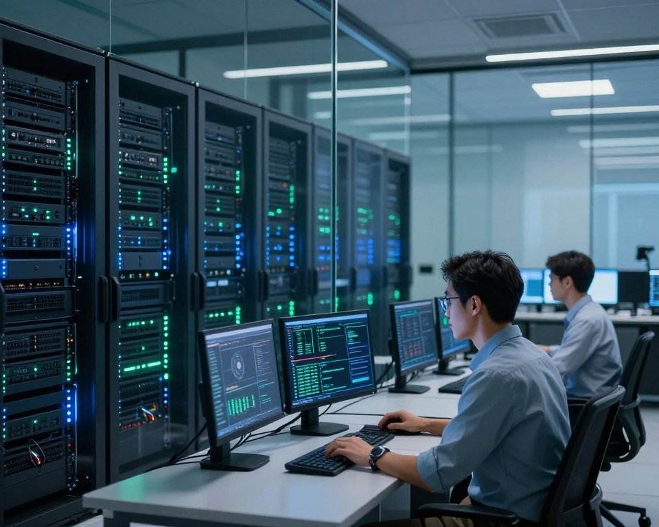 A modern, high-tech data center filled with rows of sleek servers, each glowing with subtle blue and green LED lights, representing IPTV systems. In the foreground, a focused IT professional in business casual attire is monitoring the servers through multiple screens displaying analytics and data security metrics. The middle ground features a large, clear glass wall showcasing an array of state-of-the-art servers, symbolizing stability and reliability. The background includes a soft-focus view of a well-organized control room with gentle, diffused lighting that creates a serene and secure atmosphere. The overall mood should convey a sense of safety and professionalism, emphasizing trust in technology. The angle captures the depth of the room, drawing the viewer's eye toward the servers and the details on the screens.
