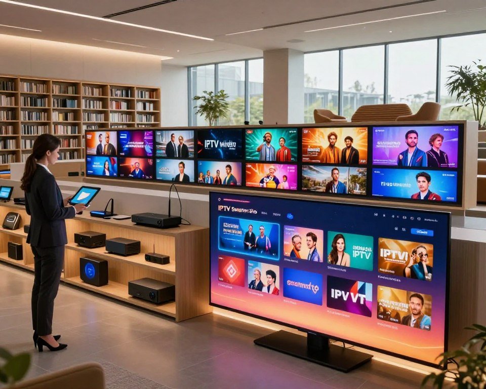 A modern, high-tech library filled with vibrant displays showcasing international TV channels. In the foreground, a sleek digital screen highlights various IPTV options, glowing softly in a warm light. To the left, a professional woman in business attire navigates through a tablet, surrounded by shelves lined with digital devices and streaming equipment. The middle layer features glowing screens displaying diverse cultures, with visuals of international shows and films, creating a collage of entertainment. The background includes a contemporary library setting with minimalist design, large windows allowing natural light to flood in, and sophisticated seating areas. The atmosphere is dynamic and innovative, reflecting the advanced features of IPTV Smarters Pro, inviting viewers to explore the world of online TV in a stylish, engaging environment.