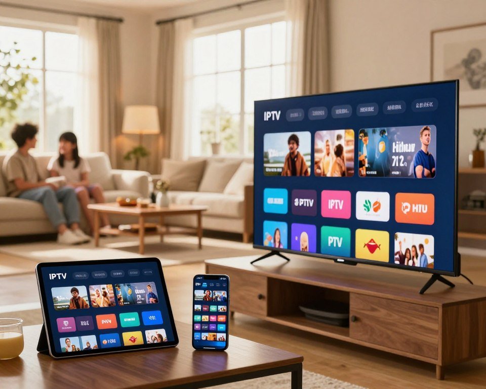 A modern home entertainment scene depicting the advantages of multi-device IPTV streaming. In the foreground, a sleek television showcases a vibrant interface of various IPTV apps. Nearby, a tablet and smartphone display the same content, highlighting seamless streaming across devices. In the middle ground, a stylish family lounge is visible, with comfortable seating and warm ambient lighting, creating a cozy atmosphere. The background features a bright window with curtains, allowing sunlight to fill the room, emphasizing a welcoming vibe. Capture the mood of convenience and modern technology, with a focus on fluid user experience, showcasing how IPTV enhances daily life for families. Use a slight depth of field to blur the background while keeping the foreground devices sharp and detailed.
