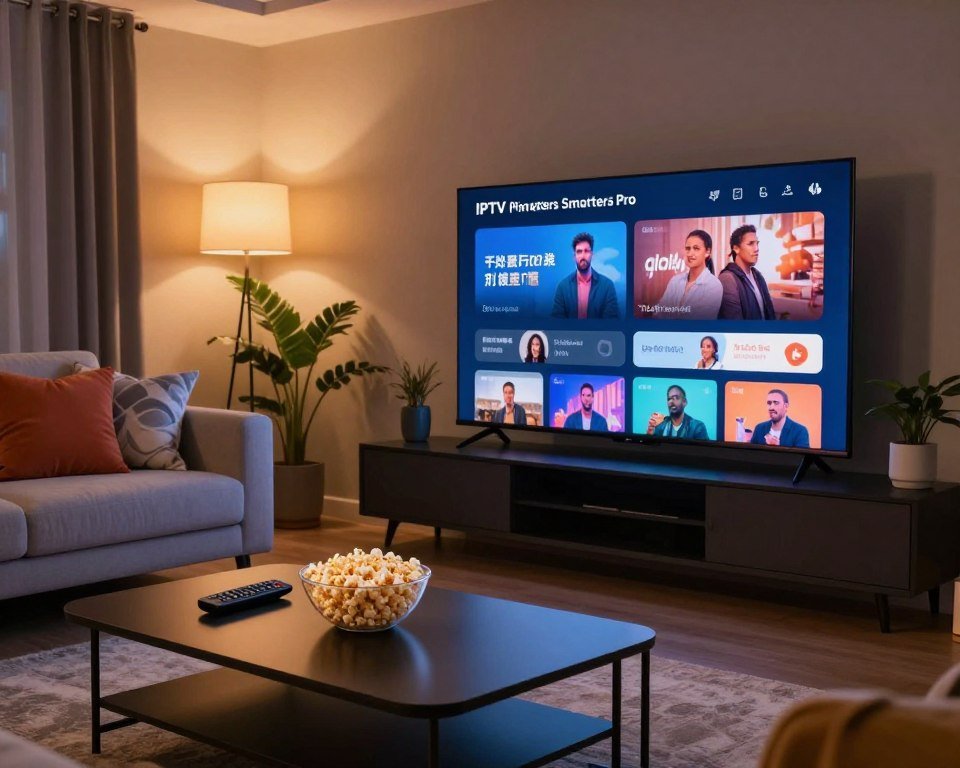 A modern home entertainment setup centered around a large, flat-screen TV displaying high-definition streaming content. In the foreground, a sleek, stylish coffee table holds a remote control and a bowl of popcorn, suggesting a cozy movie night atmosphere. The middle features a comfortable sofa adorned with colorful throw pillows, inviting viewers to sit and enjoy. In the background, warm ambient lighting creates a relaxed mood, with dimmable wall sconces illuminating the space softly. A few houseplants add a touch of nature, enhancing the serene environment. The overall atmosphere is welcoming and sophisticated, perfect for showcasing the ease of instant access to IPTV Smarters Pro. The composition should be captured from a slightly elevated angle to emphasize the inviting layout of the room.