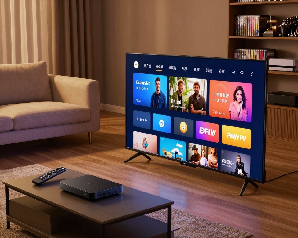 A modern home entertainment setup showcasing exclusive IPTV features. In the foreground, a sleek flat-screen television displays a vibrant interface with various app icons and streaming options. Beside it, a stylish remote control and a streaming device are neatly arranged. In the middle ground, a cozy living room setting with a plush sofa and ambient lighting creates a welcoming atmosphere. The background includes shelves filled with DVDs and gaming consoles, emphasizing a tech-savvy environment. Soft, warm lighting enhances the scene, making it inviting. The angle is slightly elevated, capturing the essence of a luxurious and enjoyable family viewing experience in a contemporary setting.